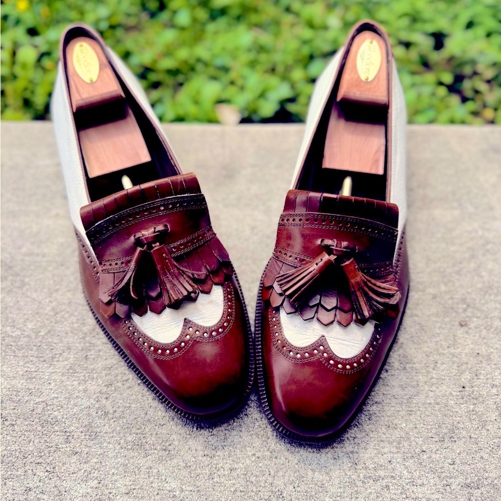 Bragano by Cole Haan 2 tone loafers, white & brown, US size 12 Made in Italy.